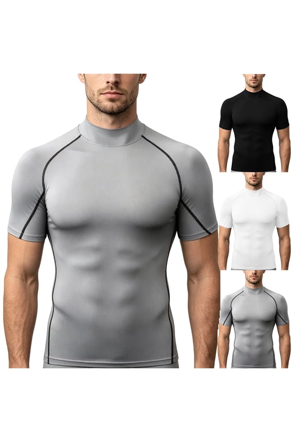 Compression Shirt Men Mock Turtleneck Raglan Short Sleeve Athletic Workout Muscle T Shirts Slim Fit Undershirts Dark Gray L