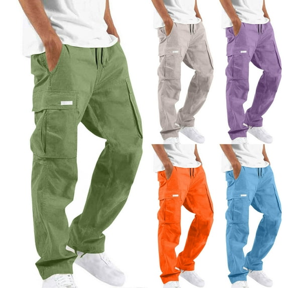 YOIAVAIOY Cotton Cargo Pants for Men Drawstring Athletic Pants Casual Workout Hiking Pant with Multi Pockets Purple M