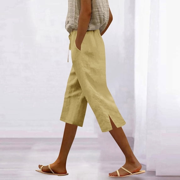 YOIAVAIOY Cotton Linen Capri Pants for Women Knee Length Summer Beach Cropped Pants with Pockets, Straight Leg Loose Fit Breathable Casual Capris with Side Slit Khaki S