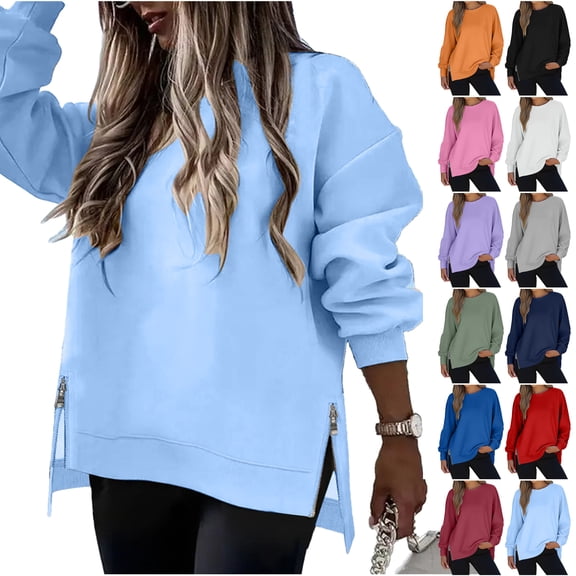 YOIAVAIOY Crew Neck Oversized Sweatshirt Zipper Slit Long Sleeve Pullover for Women 2026 Trendy Fall Clothes Pink M
