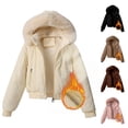 thumbnail image 1 of YOIAVAIOY Cropped Corduroy Puffer Jacket Women with Faux Fur Trim Hood Fleece Lined Coats Winter Warm Zipper Outwear Khaki M, 1 of 10