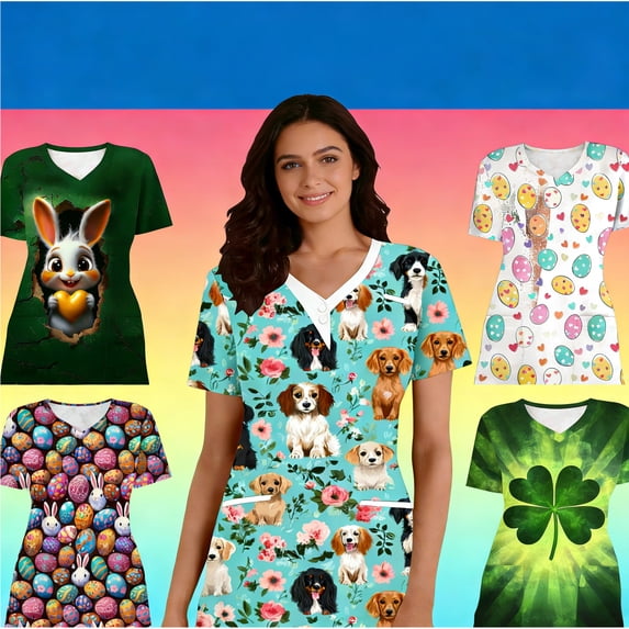 YOIAVAIOY Cute Easter Bunny Eggs Shirts for Women with Pockets Rabbit Graphic Tees Short Sleeve V Neck Easter Scrub Tops