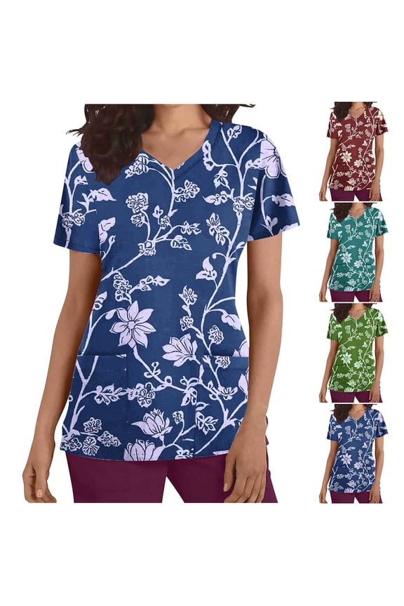 Dark Blue Nurse Scrubs for Women Short Sleeve Print Medical Scrub Tops Stretch V Neck Tshirts Working Uniform with Pockets S
