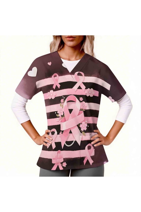 Dark Gray Pink Scrub Tops for Women Ribbon Breast Cancer Awareness Scrubs Comfortable Lightweight Nursing Uniforms V-neck Short Sleeve Working Uniforms Shirt with Pockets M