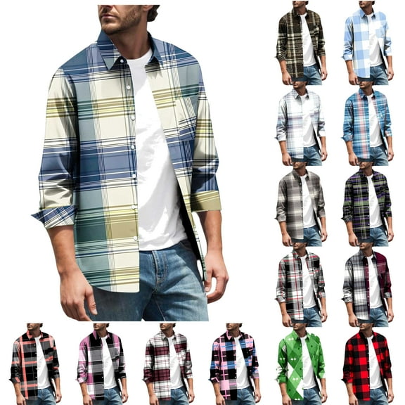 YOIAVAIOY Fall Fashion Plaid Shirts for Men Lapel Collar Casual Button Down Shirt Trendy Comfy Checked Long Sleeve Shackets Gold XL