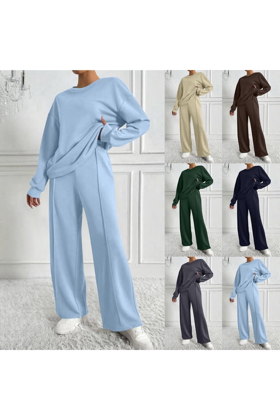 Fall Outfits for Women 2 Piece Casual Sweatsuit Long Sleeve Pullover Top and Wide Leg Pants Lounge Set Y2K Tracksuit Navy XXL