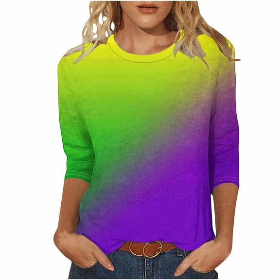 YOIAVAIOY Girl Mardi Gras T Shirt 3/4 Sleeve Bling Glitter Carnival Outfits Trendy Spring Sequin Print Crewneck Tunic Tops Green M