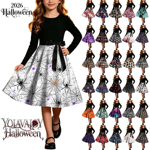 YOIAVAIOY Girls Halloween Printed Dresses Crew Neck Fall Sundress Party Vintage Casual Long Sleeve Dress with Belt Purple 9 Years