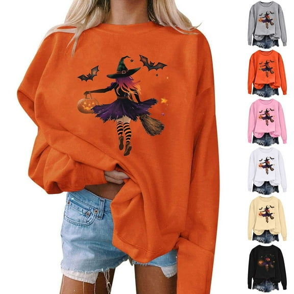 YOIAVAIOY Graphic Sweatshirts for Womens Witch Print Crewneck Sweatshirt Novelty Halloween Tops Festival Trendy Clothes Gray XL