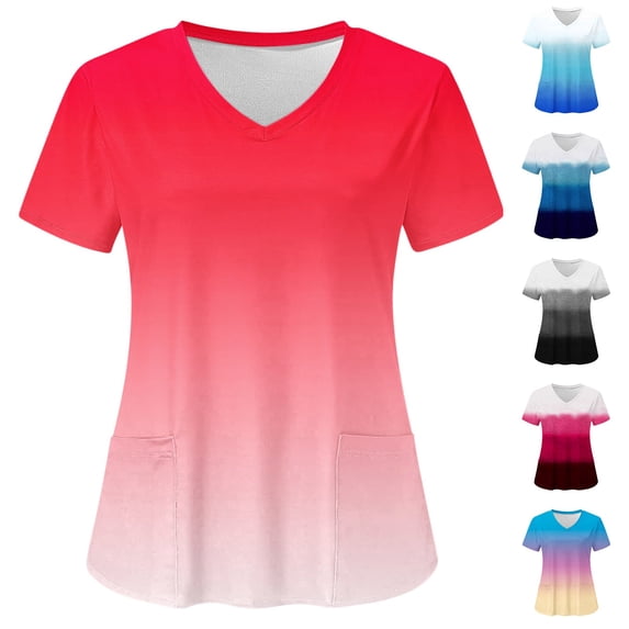 YOIAVAIOY Gray Womens Graphic Tops Gradient V Neck Short Sleeve Scrub Summer Fall 2026 Trendy Y2K Work Uniforms M