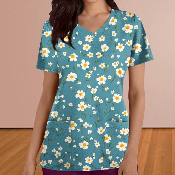 YOIAVAIOY Green Floral Print Scrub Tops Women with Pockets Comfy Soft Work Uniform for Nurse 2026 Spring Fall Tops M