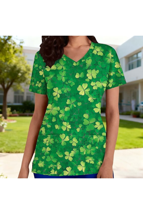 Green St Patricks Day Scrubs for Women Spring Patchwork Printed Short Sleeve Scrub Tops V Neck Casual Work Nurse Uniforms XXXXL