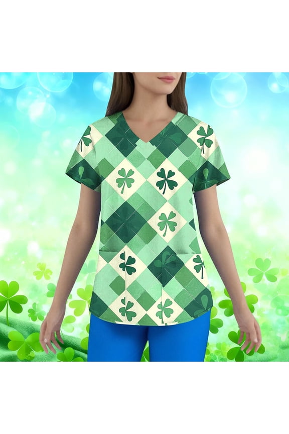 Green Women Plus Size Printed Scrubs St.Patrick's Day Scrub Tops V Neck Shamrock Clover Scrubs Nursing Uniform M