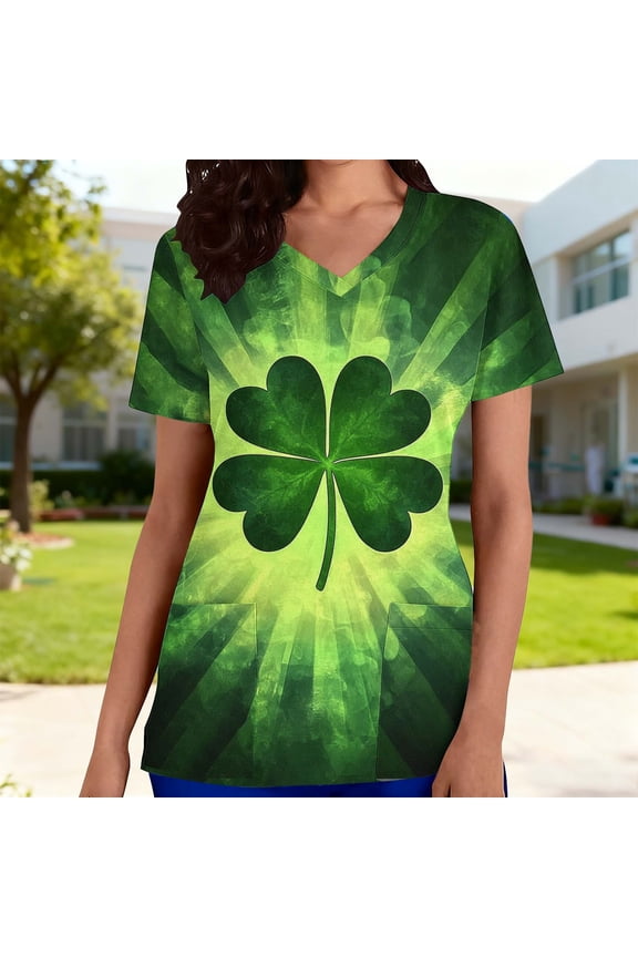 Green Womens Scrub Tops Irish Clover Scrubs Top St. Patrick's Day Printed Graphic Working Uniform St. Patrick's Day Holiday Workwear XXXXXL