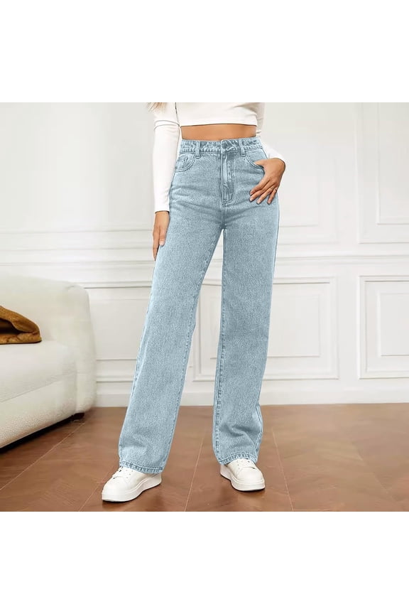 High Waisted Jeans for Women Straight Leg Loose Denim Pants Baggy Pants Streetwear with Pockets Light Blue XXXL