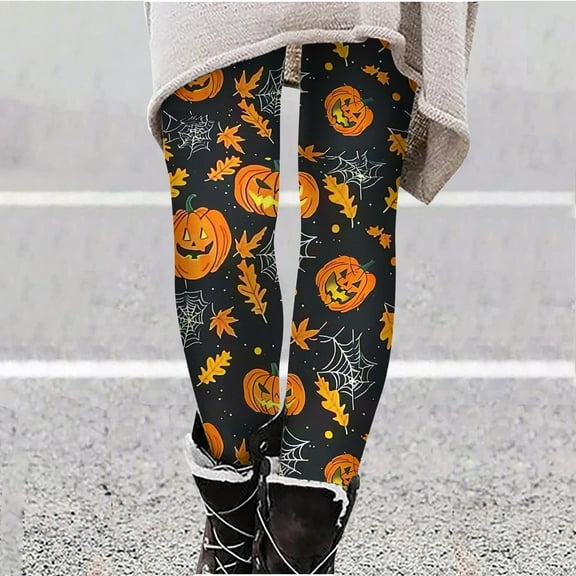 YOIAVAIOY Holiday Tights for Women Halloween Print Leggings High Waisted Ankle Length Yoga Pants Spooky Season Party Festival Bottoms Orange XXL