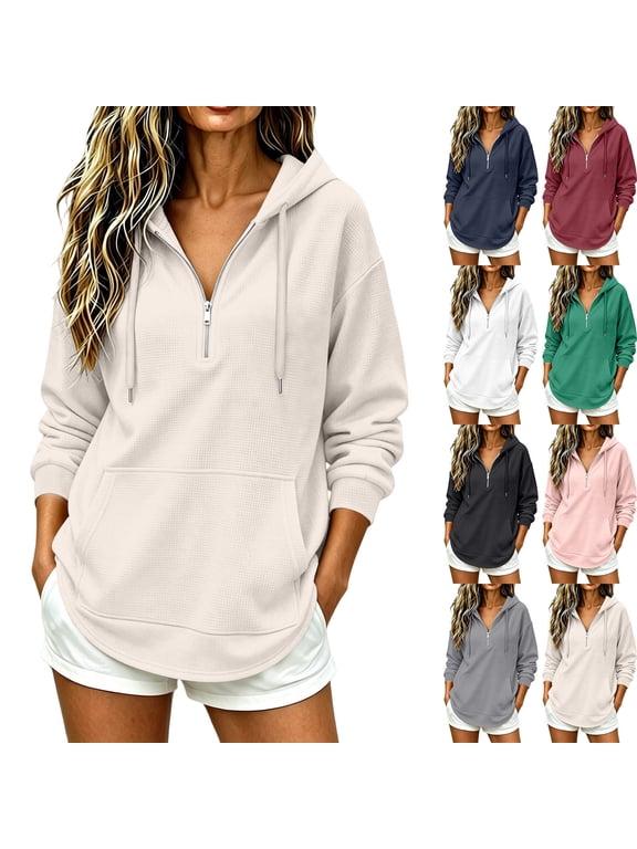 Hoodies for Women Quarter Zip Hooded Oversized Drawstring Sweatshirts Fall Casual Jacket Solid Color Lightweight Fall Pink L