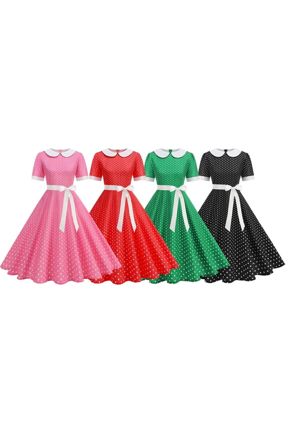 L Women's 1950s Retro Dress Short Sleeve Polka Dot Swing Midi Dress with Belt Cocktail Rockabilly Dresses Hepburn-Style Pink