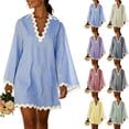 thumbnail image 1 of YOIAVAIOY L Women's Boho Striped V-Neck Dress Flowy Bell Sleeves Cover Up with Wavy Trim Beach Resort Kaftan Style Bride of Party Khaki, 1 of 9