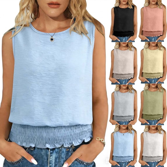 YOIAVAIOY Ladies Sleeveless Vest Round Neck Elastic Cinched Waist Tank Tops Solid Casual Fashion Blouses Khaki S