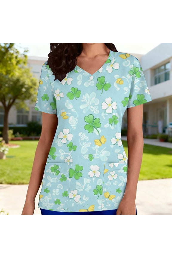 Light Blue Womens Scrub Tops Irish Clover Scrubs Top St. Patrick's Day Printed Graphic Working Uniform St. Patrick's Day Holiday Workwear XXXXXL