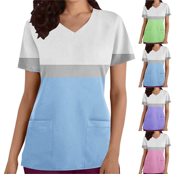 YOIAVAIOY Light Blue Work Scrubs for Women Color Block Scrub Tops Easy Care Moisture Wicking Stretch Healthcare Uniforms with Pockets XL