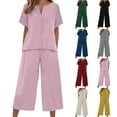 thumbnail image 1 of YOIAVAIOY Linen Sets for Women 2 Piece Short Sleeve Button Down Tops Solid Wide Leg Pants Lounge Sets Summer Beach Vacation Clothes Gray S, 1 of 7