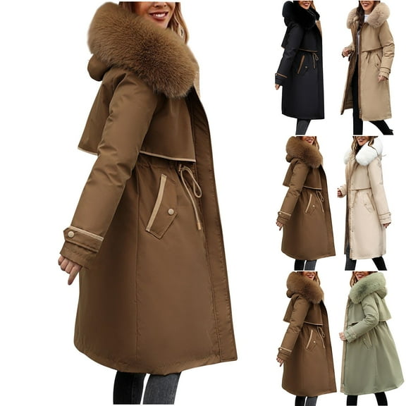 YOIAVAIOY Long Puffer Jacket for Women Heavyweight Winter Parka Coat Faux Fur Hooded Down Coats Drawstring Waist Down Jacket with Pockets Beige M