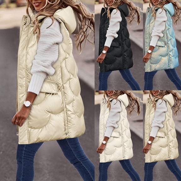 YOIAVAIOY Long Puffer Vest for Women Sleveless Zip Up Hoodies Quilted Down Jacket Oversized Boyfriend Coats Thickened Warm Waistcoats Light Blue M