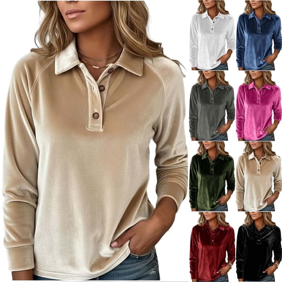YOIAVAIOY Long Sleeve Polos for Women Velvet Lapel Collar Soft Tunic Tops Solid Casual Lightweight Comfy Pullovers Khaki XL