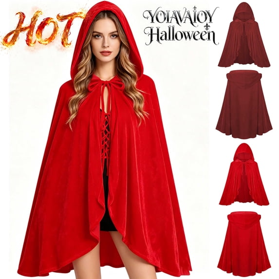 YOIAVAIOY Long Velvet Hooded Cloak Halloween Witch Vampire Full Length Cosplay Cape Costume Red M