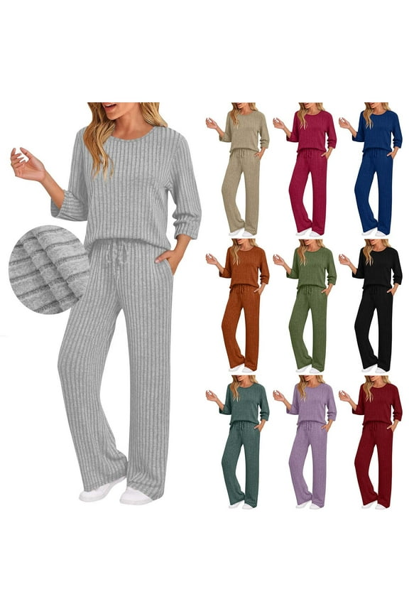 Lounge Set for Women 2 Piece Ribbed Knit Sets Crewneck Pullover Top and Drawstring Pants Casual Matching Outfit Soft Comfy Textured Pajama Sets Wine M