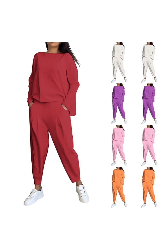 Lounge Sets for Women Plus Size 2 Piece Sets Spring Outfits Long Sleeve Tops Pants with Pockets Casual Loungewear White M