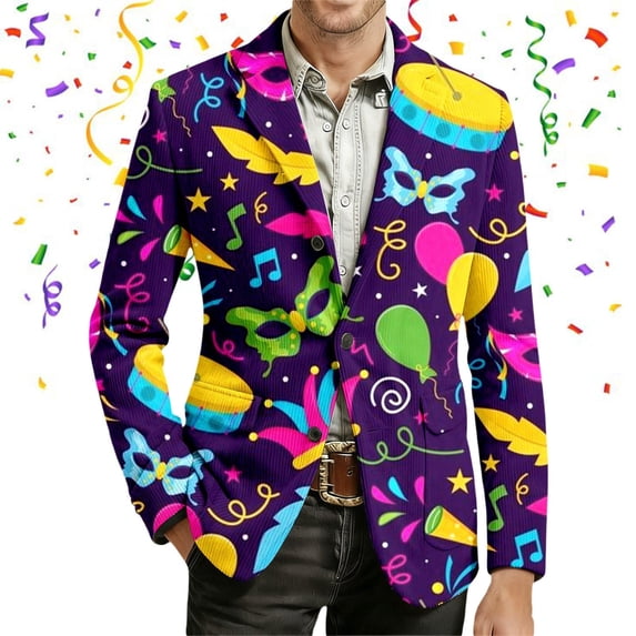 YOIAVAIOY Mardi Gras Blazer for Men Corduroy Holiday Funny Printed Suit Jackets Carnival Party Formal Office Blazers with Pocket Purple XL