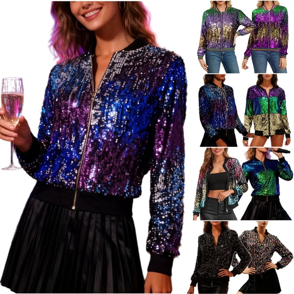 YOIAVAIOY Mardi Gras Sequin Jacket for Women Long Sleeve Zip Up Sparkly Jacket Party Night Clubwear Holiday Outfits Multicolor XL