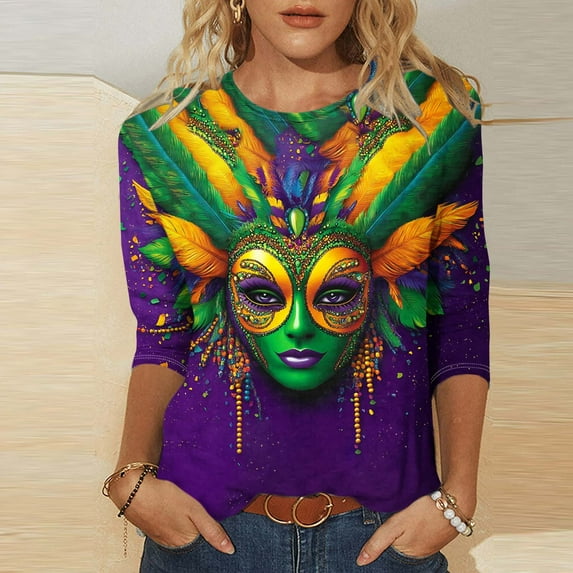 YOIAVAIOY Mardi Gras Shirts for Women Fancy Mask Printed 3/4 Sleeve Crewneck Tops Pullovers Blouses 2025 Carnival Outfit Multicolor M