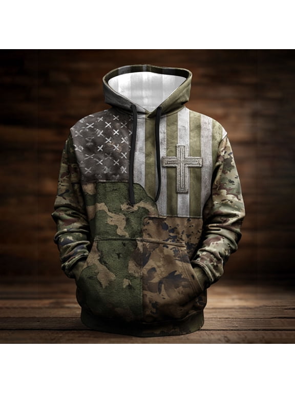 Men American Flag Hoodie Hunting Camouflage Pullover Hoodies Religious Jesus Crist Hooded Sweatshirt with Pocket Army Green M
