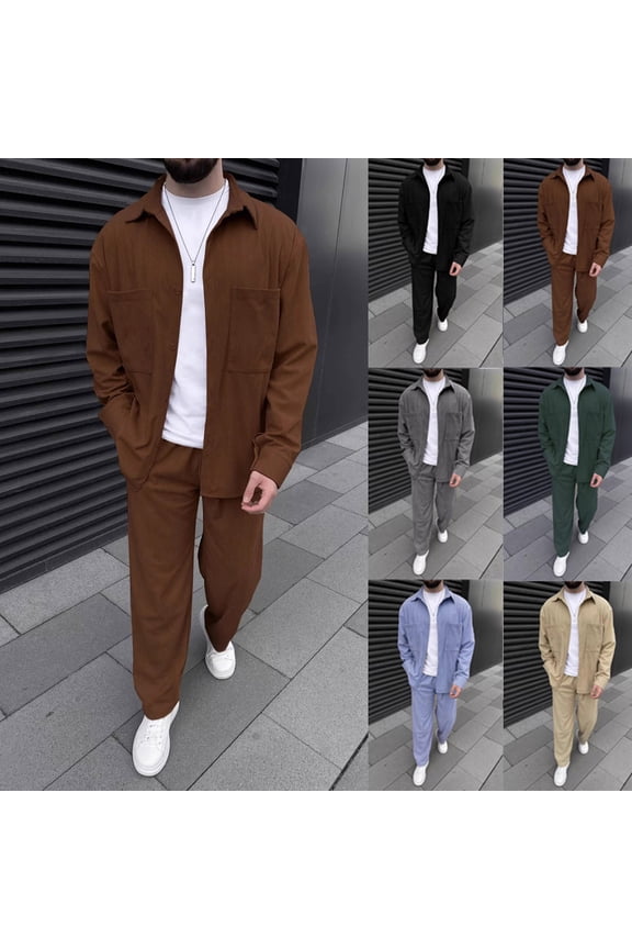 Men Corduroy Set Solid Long Sleeve Shacket and Pants Tracksuit Matching Sets Fall Winter Casual Outfits Brown XL