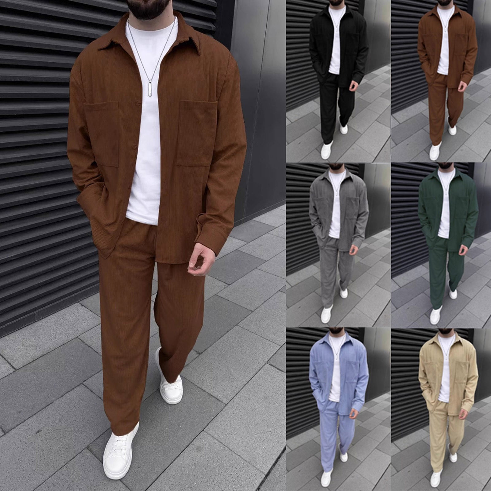 YOIAVAIOY Men Corduroy Set Solid Long Sleeve Shacket and Pants