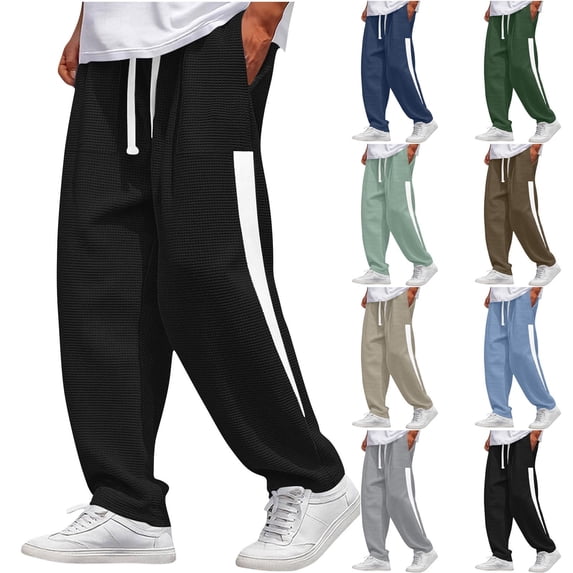 YOIAVAIOY Men Drawstring Waist Sports Pants Lightweight Waffle Joggers Color Block Elastic Sweatpants Light Blue M