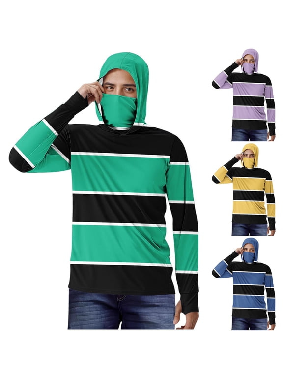 Men Lightweight stripe Hoodies Sunproof Comfy Cool Feeling with Face Mesh Commuting Sun Protection Pullover Tops Blue XXXXXL