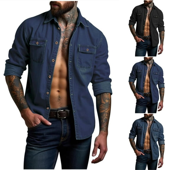 YOIAVAIOY Men Long Sleeve Denim Shirts Loose Fit Button Down Shirt Casual Outdoor Collared Tops