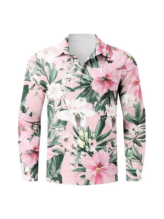 Men Long Sleeve Floral Dress Shirts Regular Fit Casual Button Down Shirts Hawaiian Beach Wedding Shirts