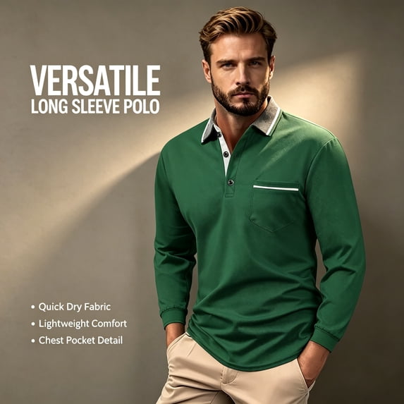 YOIAVAIOY Men Long Sleeve Golf Shirts Quick Dry Lightweight Polos Shirt Business Casual Collared Tees with Pocket Green M
