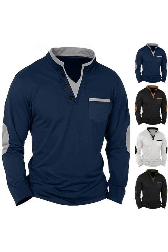 Men Long Sleeve Henley Shirts Color Block 3 Buttons T-shirt Collarless Golf Shirt Stylish Casual Athletic Tops with Elbow Patches Brown M
