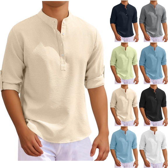 YOIAVAIOY Men Long Sleeve Waffle Shirts 3 Button Henley Shirts Casual Solid Pullover Loose Comfy Basic Tops Blue M