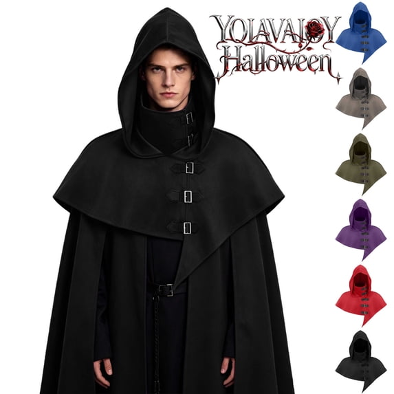 YOIAVAIOY Men Medieval Hooded Cloak Cape Gothic Layered Shawl Collar Long Cape for Wizard Vampire Halloween Cosplay Red Free Size