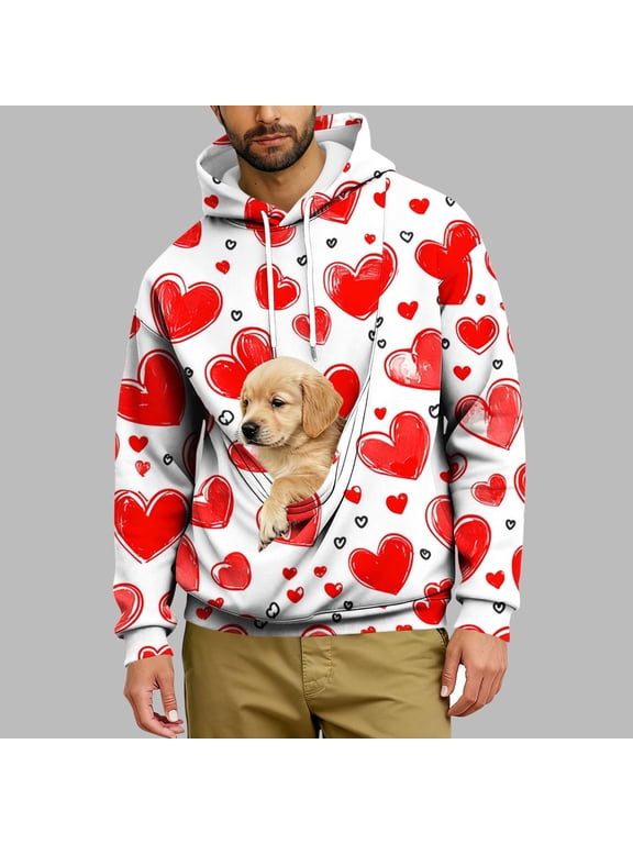 Men Novelty Valentine hoodies Oversized Cat Dog Pouch Sweatshirt Couple's Animal Carriers Comfy Pullover with Pockets Red S