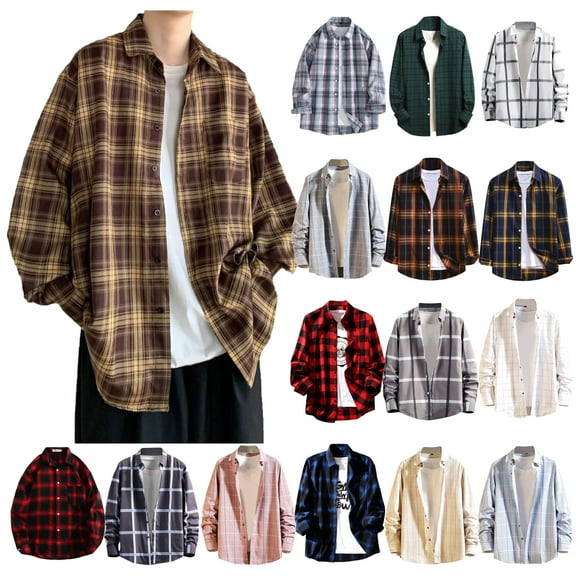 YOIAVAIOY Men Plaid Shirt Long Sleeve Button Down Shirt Fall Fashion Checked Shacket Lightweight Blouse Tops Red XL