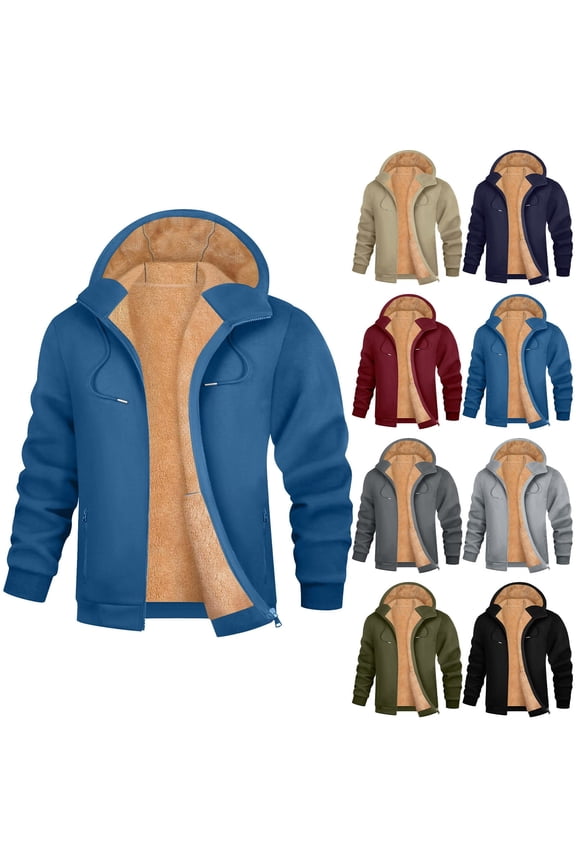 Men Sherpa Lined Hoodies Full Zip Fleece Hooded Sweatshirt Thick Thermal Outdoor Jacket with Zipper Pockets Blue XL